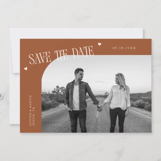 Simple Heart Terracotta Curved Frame Photo Save The Date (Voorkant)