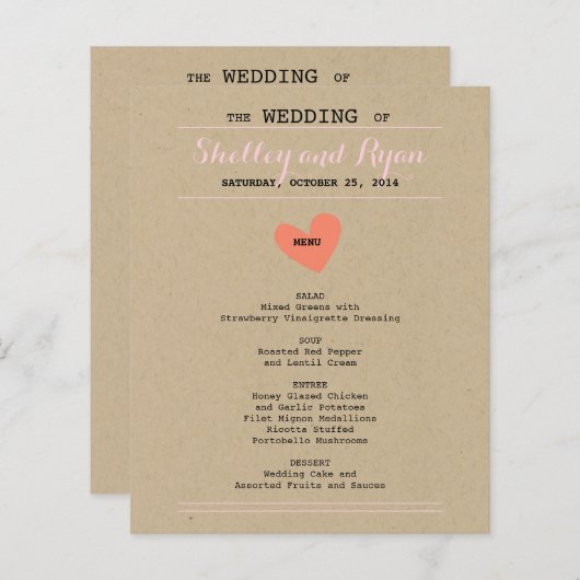 Simple Heart Wedding Menu Kaart (Voorkant / Achterkant)