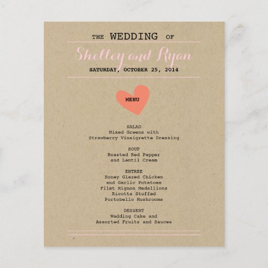 Simple Heart Wedding Menu Kaart (Achterkant)