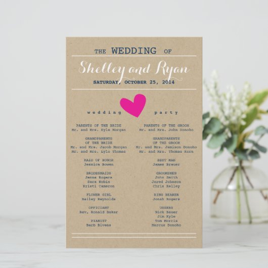 Simple Heart Wedding Program (Staand voorkant)