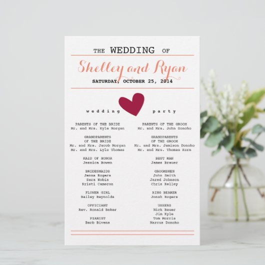 Simple Heart Wedding Program (Staand voorkant)
