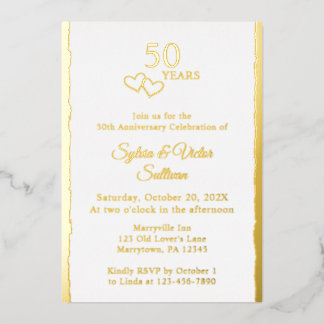 Simple Hearts 50th Wedding Anniversary Party Gold Folie Uitnodiging