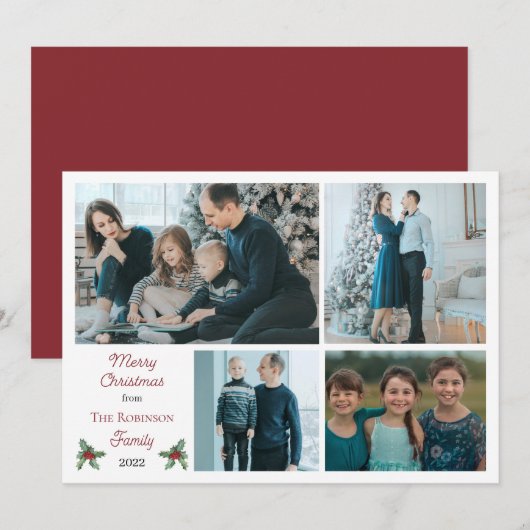 Simple Holly Berries Merry Kerstfeest 4 Foto Feestdagenkaart (Voorkant / Achterkant)