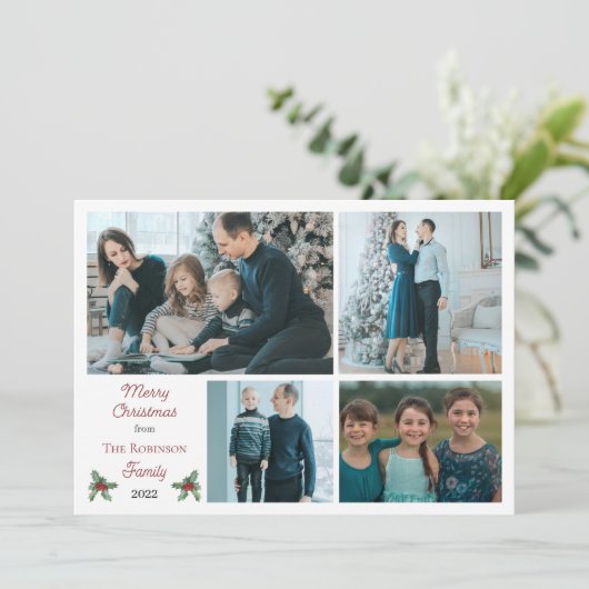 Simple Holly Berries Merry Kerstfeest 4 Foto Feestdagenkaart (Staand voorkant)