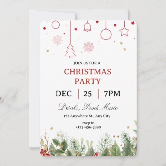 Simple Holly Christmas Party Invitation Kaart (Voorkant)