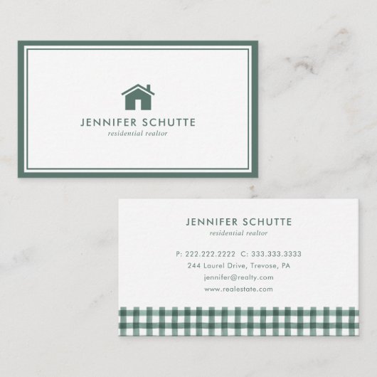 Simple Home Logo Green Gingham Pattern Realtor Visitekaartje (Voorkant / Achterkant)