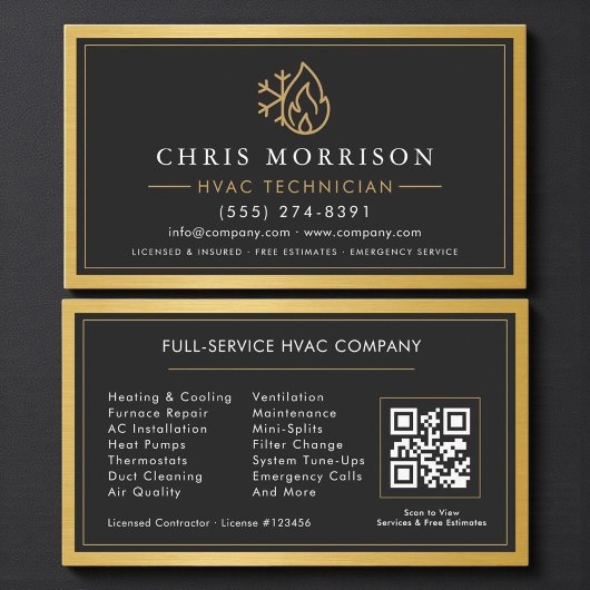 Simple HVAC Technician QR Code Gold Metallic Visitekaartje