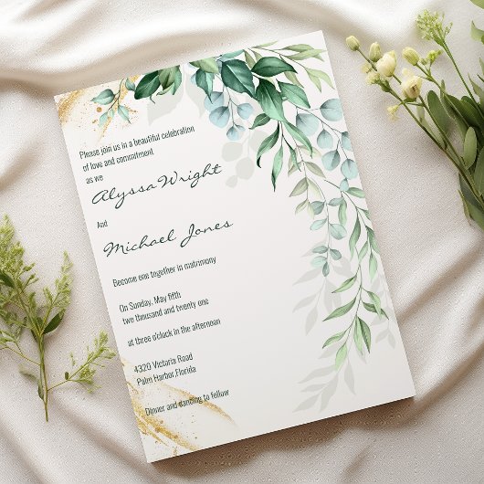 Simple ivory gold greenery leaf floral Wedding  Kaart