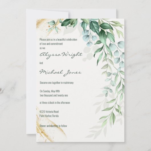 Simple ivory gold greenery leaf floral Wedding  Kaart (Voorkant)