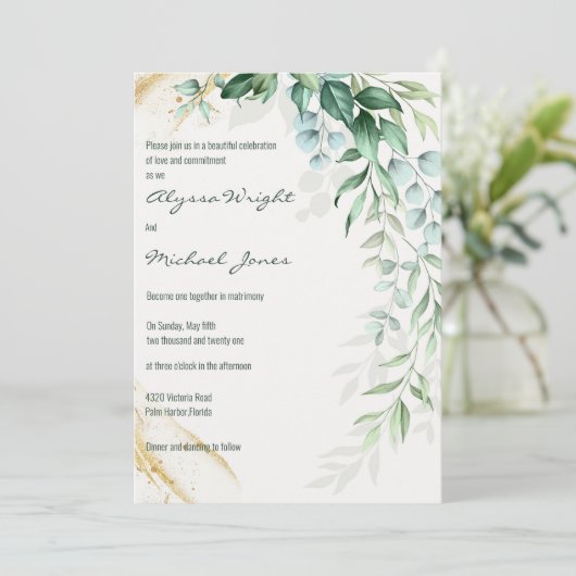 Simple ivory gold greenery leaf floral Wedding  Kaart (Staand voorkant)