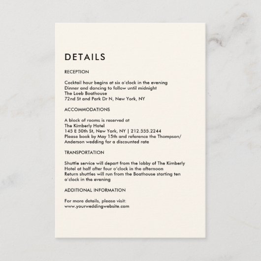 Simple Ivory Wedding Details  Informatiekaartje (Voorkant)