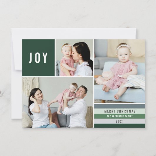Simple Joy 3 Photo Collage Modern Stripes | Groen Feestdagenkaart (Voorkant)
