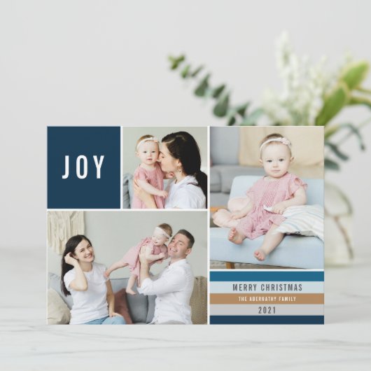 Simple Joy 3 Photo Collage Modern Stripes | marine Feestdagenkaart (Staand voorkant)