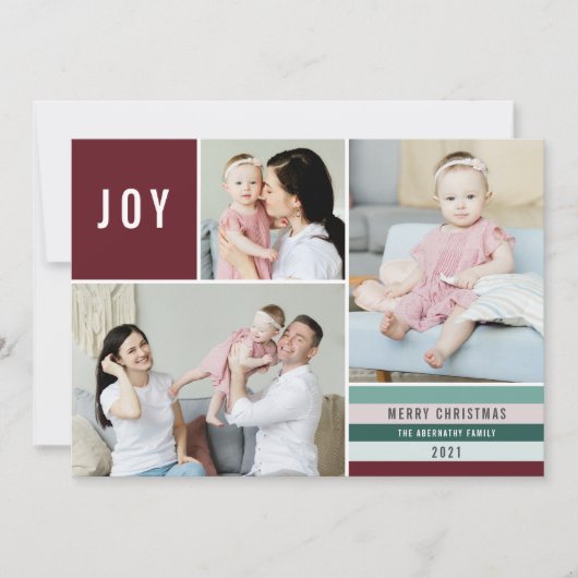 Simple Joy 3 Photo Collage Modern Stripes | Maroon Feestdagenkaart (Voorkant)