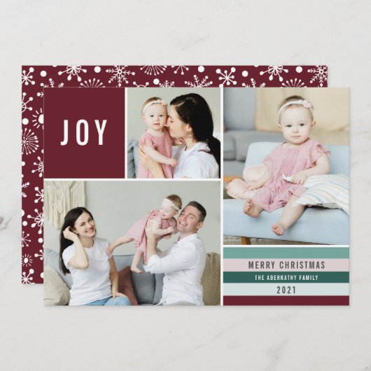 Simple Joy 3 Photo Collage Modern Stripes | Maroon Feestdagenkaart (Voorkant / Achterkant)