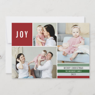 Simple Joy 3 Photo Collage Modern Stripes   Rood Feestdagenkaart