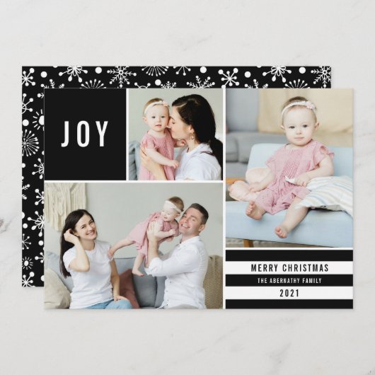 Simple Joy 3 Photo Collage Modern Stripes | Zwart Feestdagenkaart (Voorkant / Achterkant)