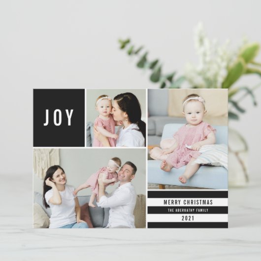Simple Joy 3 Photo Collage Modern Stripes | Zwart Feestdagenkaart (Staand voorkant)
