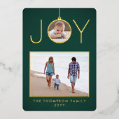 Simple Joy Christmas Ornament Donkergroen 2 Foto Folie Feestdagenkaart (Voorkant)