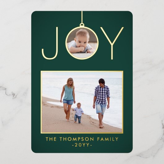 Simple Joy Christmas Ornament Donkergroen 2 Foto Folie Feestdagenkaart (Voorkant)