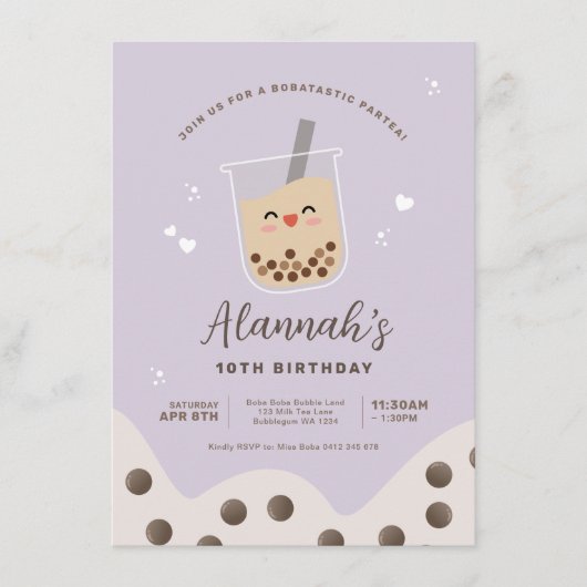Simple Kawaii Boba Bubble Milk Tea Paarse Birthday Kaart (Voorkant)