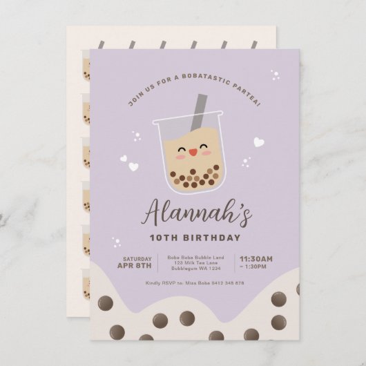 Simple Kawaii Boba Bubble Milk Tea Paarse Birthday Kaart (Voorkant / Achterkant)
