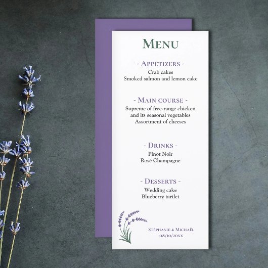 Simple Lavender Wedding Reception Menu