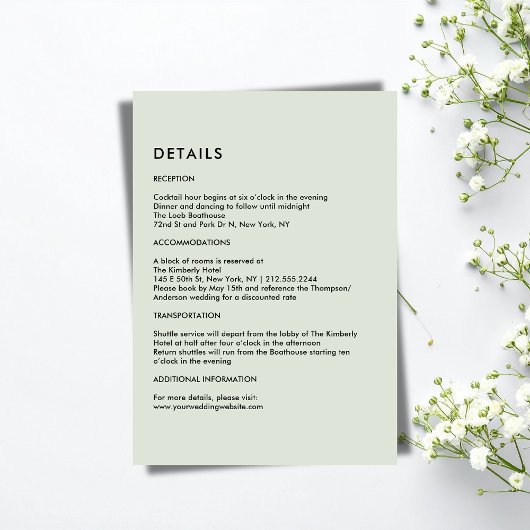 Simple Light Sage Green Wedding Details  Informatiekaartje