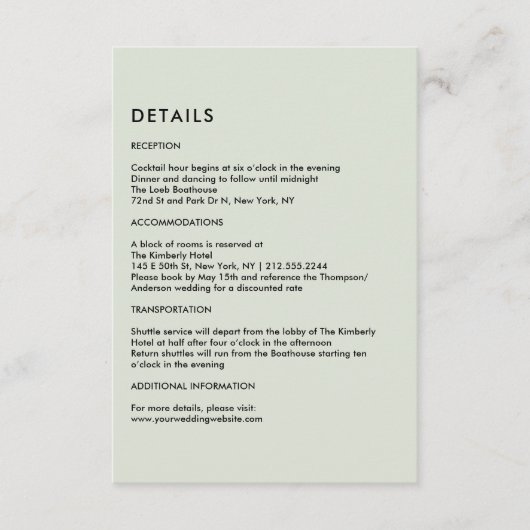 Simple Light Sage Green Wedding Details  Informatiekaartje (Voorkant)