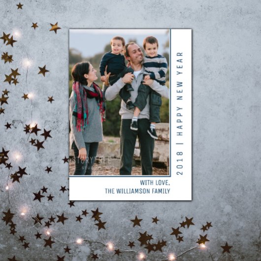 Simple Line New Year's Photo Card | Blue Feestdagenkaart