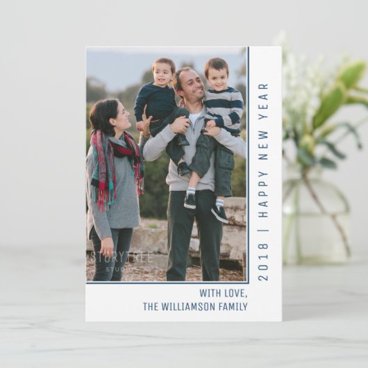 Simple Line New Year's Photo Card | Blue Feestdagenkaart