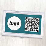 Simple Logo Promotional Business QR Code Blauwgroe Visitekaarthouder<br><div class="desc">Eenvoudige logo- en QR-code om uw bedrijf te promoten. Vervang de logo en QR code met uw om aan te passen. Minimalistisch en professioneel om uw merk weer te geven.</div>