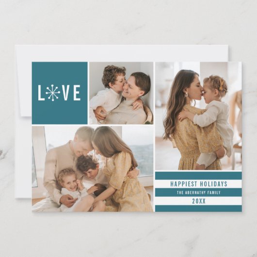 Simple Love 3 Photo Collage Modern Stripes | BLAUW Feestdagenkaart (Voorkant)