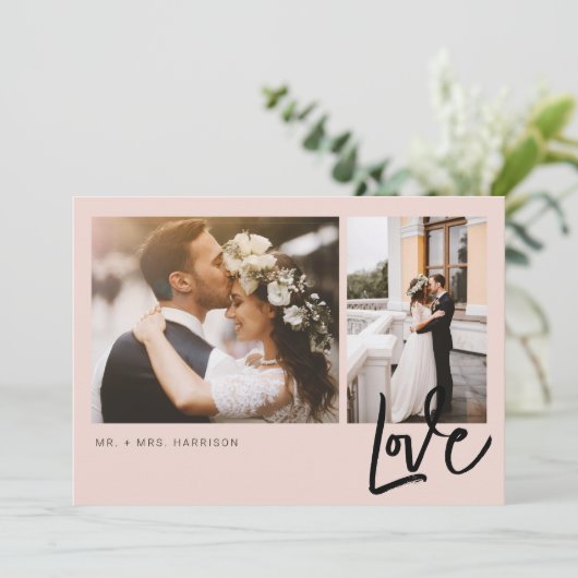 Simple Love Script 2 Photos Wedding Bedankkaart (Staand voorkant)