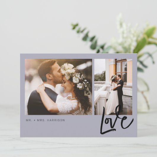 Simple Love Script 2 Photos Wedding Bedankkaart (Staand voorkant)