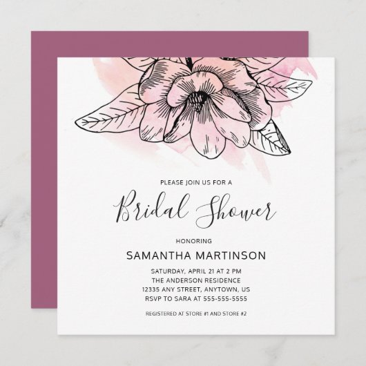 Simple Magnolia Pink Waterverf Square Bridal Show Kaart (Voorkant / Achterkant)