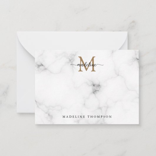 Simple Marble Gold Girly Script Monogram Notitiekaartje (Voorkant)