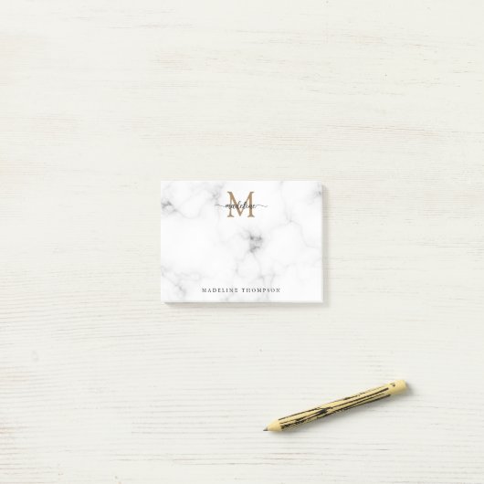 Simple Marble Gold Girly Script Monogram Post-it® Notes (Op bureau)