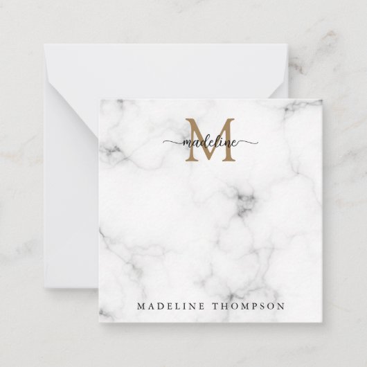 Simple Marble Gold Girly Script Monogram Square Notitiekaartje (Voorkant)