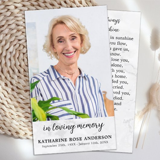 Simple Marble Photo Memorial Funeral Prayer Kaart Contactkaartje