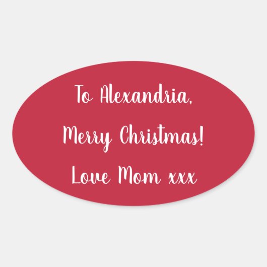 Simple Merry Christmas from Mom Red and White Ovale Sticker (Voorkant)