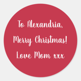 Simple Merry Christmas from Mom Red and White Ronde Sticker