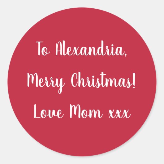 Simple Merry Christmas from Mom Red and White Ronde Sticker (Voorkant)