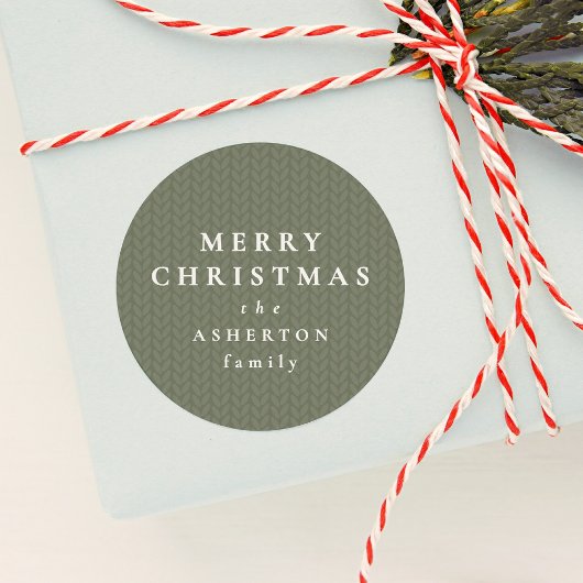 Simple Merry Christmas sage green knit pattern Ronde Sticker