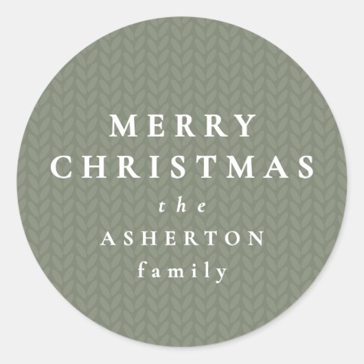 Simple Merry Christmas sage green knit pattern Ronde Sticker (Voorkant)