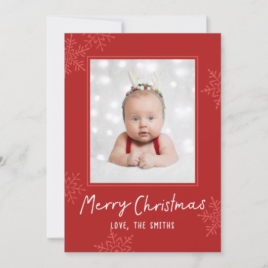 Simple Merry Christmas Script Snowflakes Photo Feestdagenkaart (Voorkant)