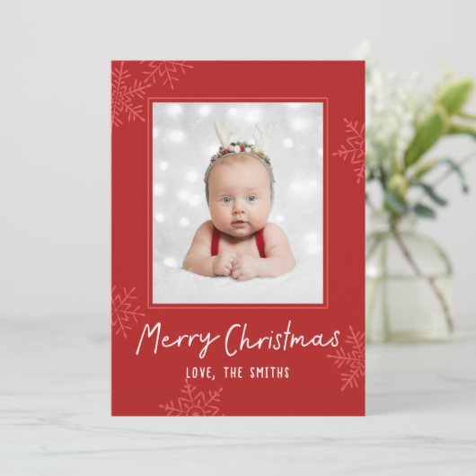 Simple Merry Christmas Script Snowflakes Photo Feestdagenkaart (Staand voorkant)