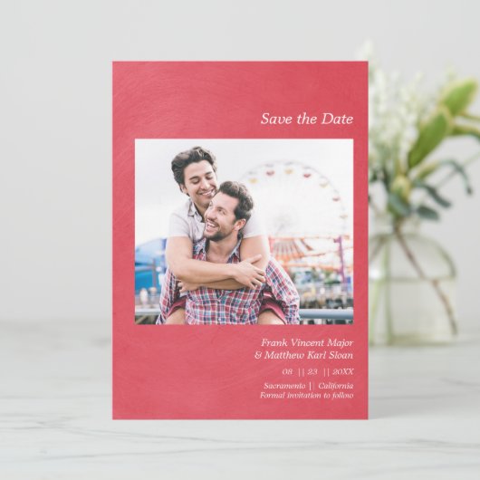 Simple Metallic Effect Engaged Gay Couple Photo Save The Date (Staand voorkant)