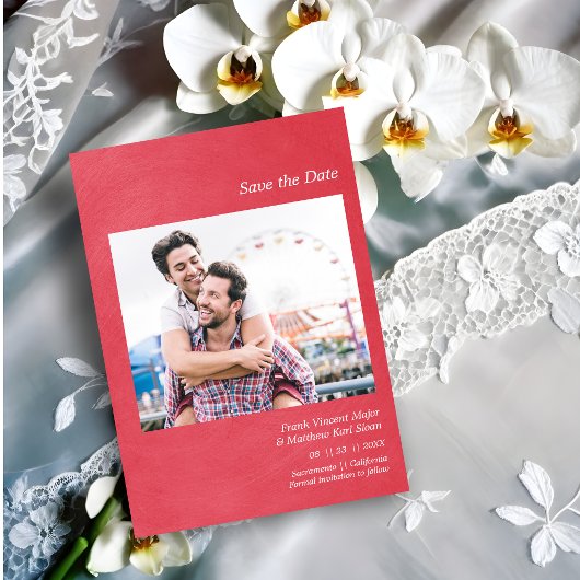 Simple Metallic Effect Engaged Gay Couple Photo Save The Date