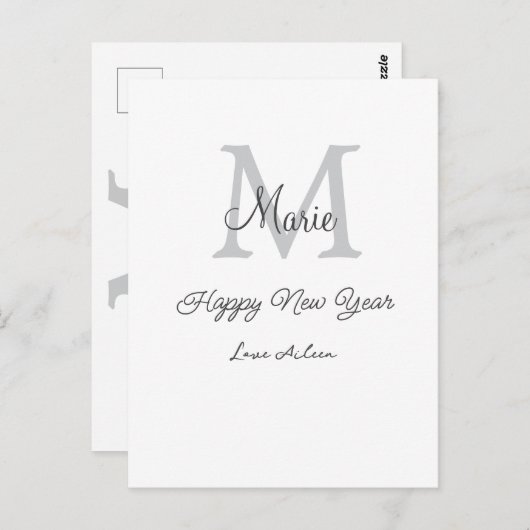 simple minimal happy new year monogram gray name  briefkaart (Voorkant / Achterkant)